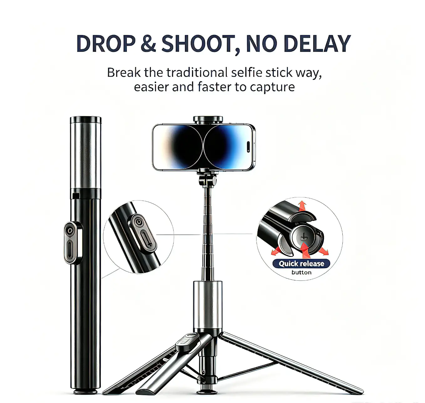 2026 New 5-in-1 63" Selfie Stick with Drop-to-Open Function, Retractable Phone Tripod, Bluetooth Remote, 360° Rotatable, Compatible with iPhone & Android for Selfies, Video Recording, Live Streaming