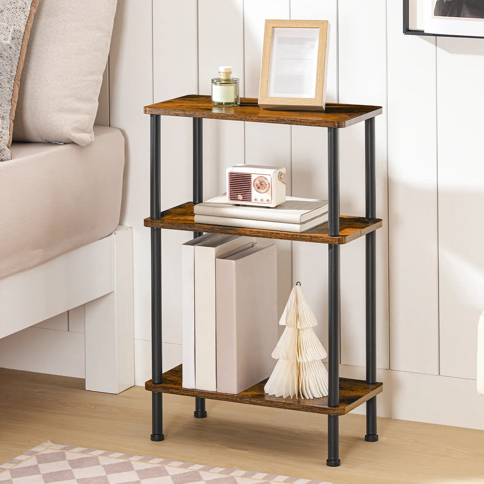 HOOBRO 3-Tier Narrow Side Table, Slim End Table, Skinny Sofa Bedside Storage, Twist-On Assembly, No Tools Needed, for Living Room, Bedroom, Study, Black and Rustic Brown #SummerVibes