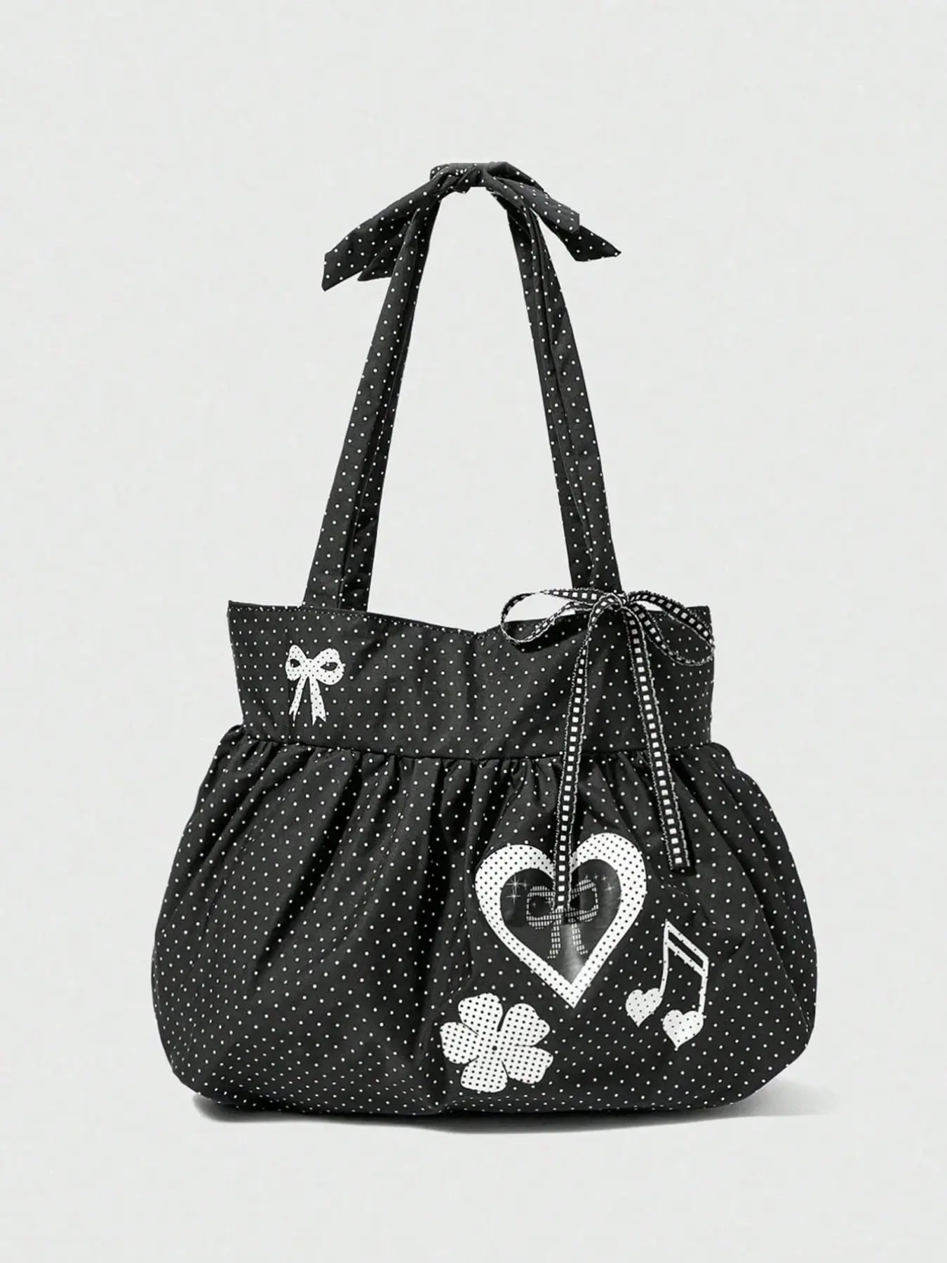 Fresh polka dot canvas tote bag, retro casual style, versatile shoulder bag for leisure, drawstring design for daily commuting, shopping and class, suitable for office workers, Casual Bags, Fashionable Patterned Bag