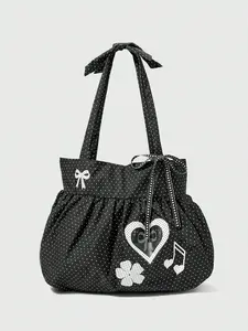 Fresh polka dot canvas tote bag, retro casual style, versatile shoulder bag for leisure, drawstring drawstring design for daily commuting, shopping and class, suitable for office workers, simple and versatile