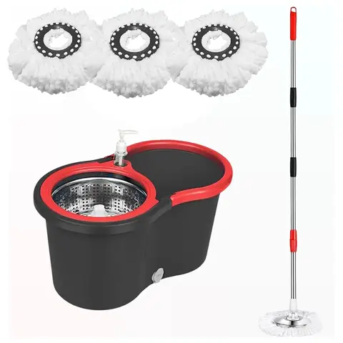 Easy Spin Mop and Bucket Set with Handle, Hands-Free Spinning Design, 2 Replacement Microfiber Mop Heads for Effortless Home Cleaning