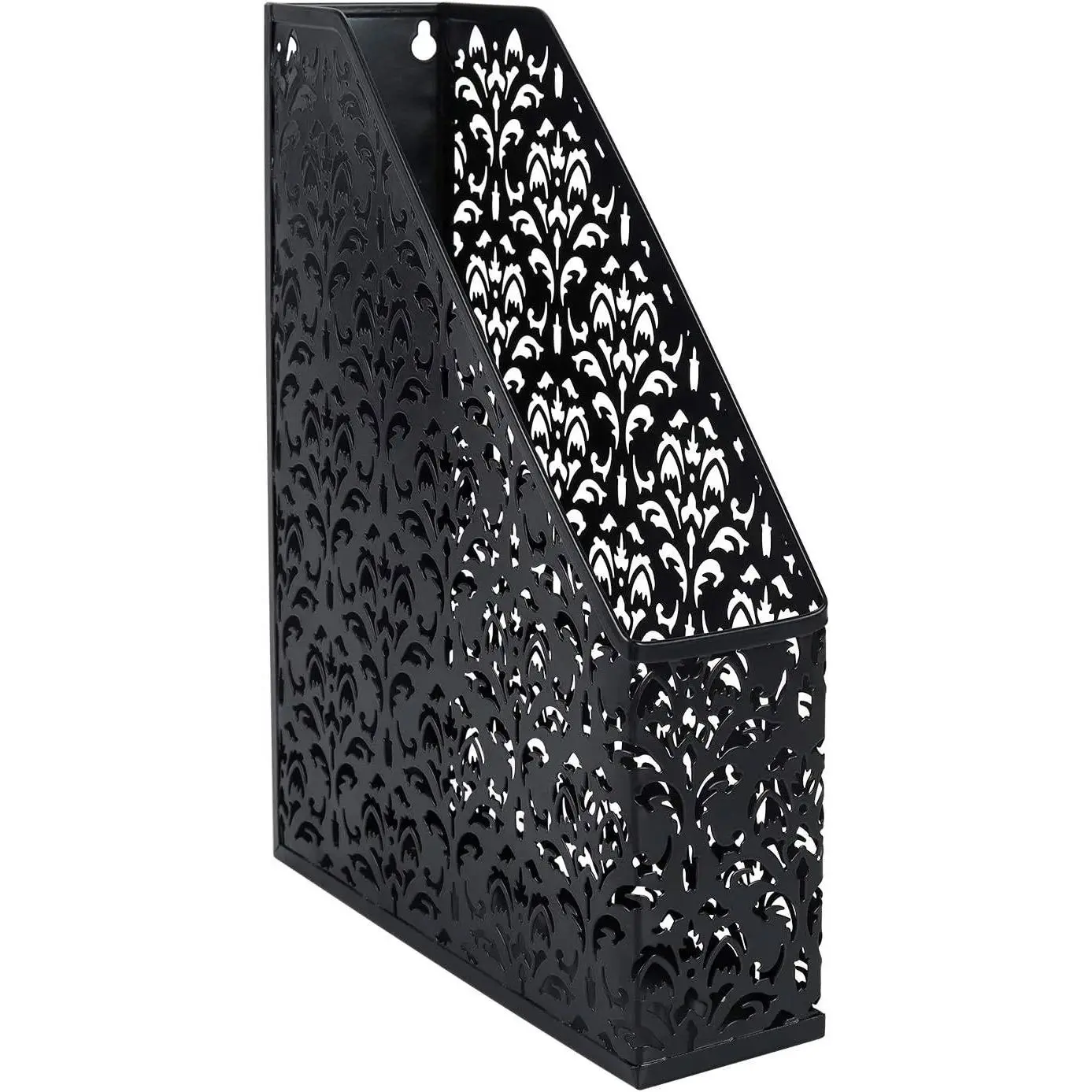 Black Heavy-Duty Magazine File Holder Rack - 9-3/4 x12-1/2 x3 Inch, Carved Hollow Flower Pattern, Legal Size Files Organizer for Office Desk Storage & Decoration