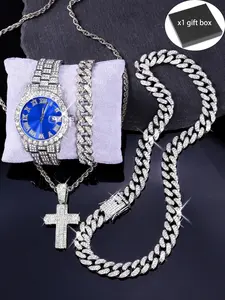 Men's Street Style Rhinestone Decorated Watch Set, Including Round Dial Watch & Cuban Chain Bracelet & Necklace & Ring & Stud Earrings, Fashion Watch Set for Party, Daily Decor