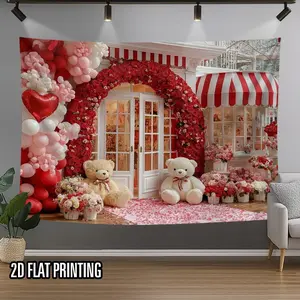 1PC,2D Flat Romantic Rose Arch Teddy Bear Flower Shop Tapestry, Valentine's Day Proposal Confession Decoration, Girlish Bedroom Dormitory Wall Decor, Internet Celebrity Live Streaming Photo Background