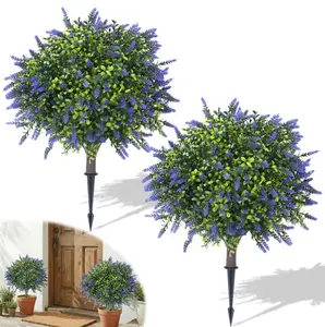 2-Pack 24‘’ Artificial Lavender Boxwood Topiary Ball with Ground Spike,  UV Resistant Faux Plants for Front Porch Garden Indoor Outdoor Artificial Cedar Trees