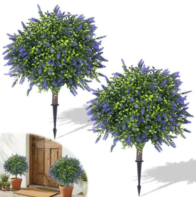 2-Pack 24" Artificial Lavender Boxwood Topiary Ball with Ground Spike,  UV Resistant Faux Plants for Front Porch Garden Indoor Outdoor Artificial Cedar Trees Artificial Flowers Flower