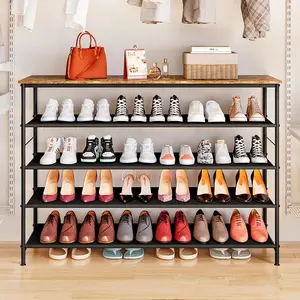 Black Friday5-Tier Long Shoe Rack Organizer - Metal Storage Shelf with Industrial MDF Board & Layer Fabric for Entryway, Closet, Bedroom, Living Room & Garage (Black & Rustic Brown)