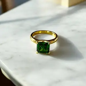 Emerald Cut Green 14K Gold Overlay Handcrafted Ring