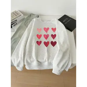 Women's Heart Print Crew Neck Sweatshirt, Casual Long Sleeve Pullover for Fall & Winter, Women's Clothes for Daily Wear