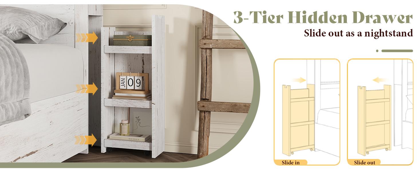 [Ships in 2 Boxes] VanAcc Bed Frame with Fireplace, Farmhouse Storage Platform Bed with 57" Headboard, Barn Door Cabinets, 4 Drawers & 2 Bedside Racks, RGB LED & Charging Station