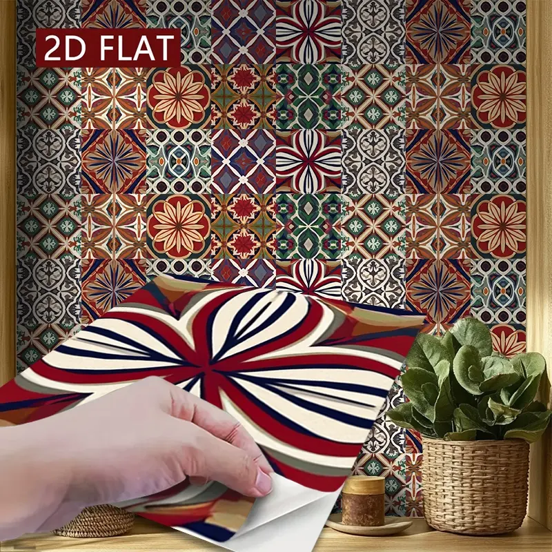 2D/FLAT-10pcs PVC Tile Stickers Self - Adhesive Removable Floor Wall Decals Waterproof Easy - to - Peel Decor for Kitchen Living Room Café Stairs Design Home Decoration Stickers