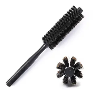 Round Mini Portable Curling & Beard Hair Brush with Natural Wooden Handle - Boar Bristle Blow Drying & Styling Brush for Women and Men