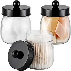 3 Pack Qtip Holder Bathroom Jar Set,  Mason Jar for Bathroom   Storage Organizer, Plastic  Qtip Dispenser for  Swab, Floss Pick, Farmhouse/ Decor (Black)