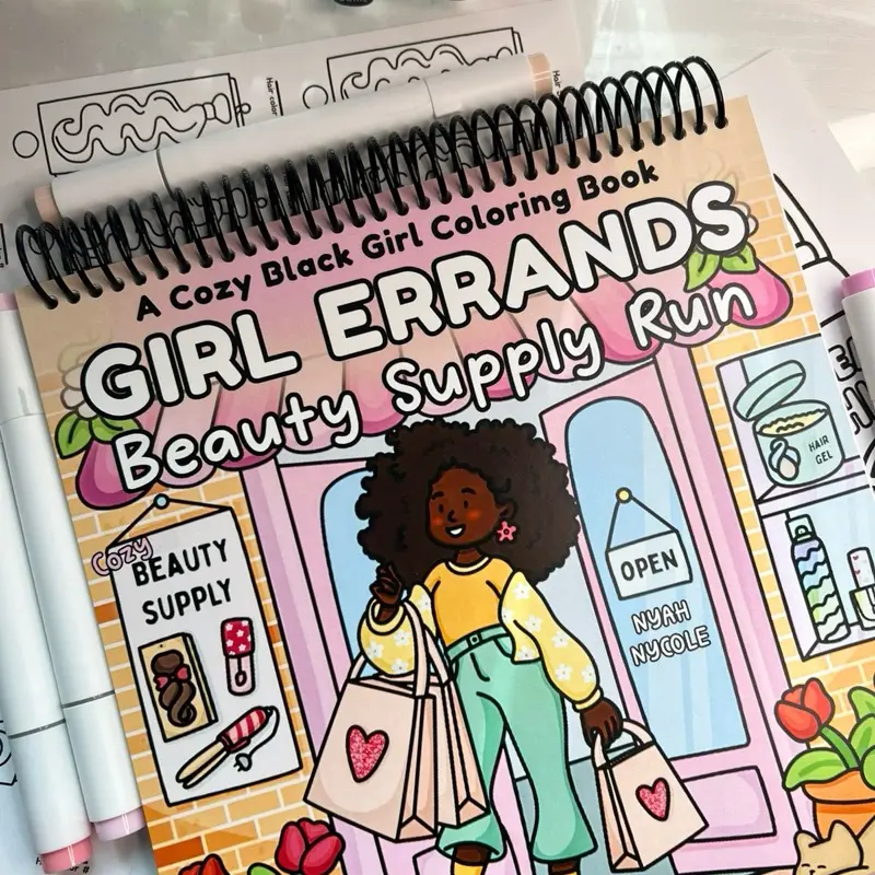 Black Girl Beauty Supply Themed Coloring Book - 8.5x8.5 Flat Binding Kids' Art Book with Pages, Bonus Prints, Errand Planners & Creative Activities, Markers, Errands