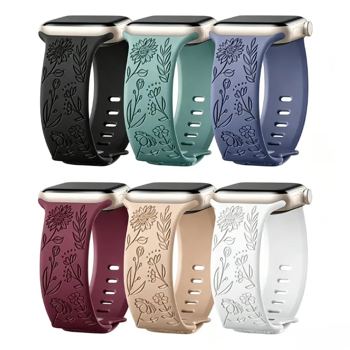 Women's Floral Engraved Silicone Replacement Watch Band for Apple Watch - Soft, Breathable Sport Strap Compatible with Series 11,10,9,8,7,6,5,4,3,SE,Ultra