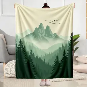 Mountain and forest landscape flannel blanket cozy throw for living room and bedroom use perfect gift for nature lovers and outdoor enthusiasts ideal for Christmas Thanksgiving and winter holiday presents warm soft dec