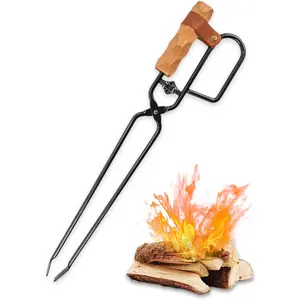 Fireplace Tongs, 18.5" Long Handle Charcoal Clip Firewood Log Grabber Tongs with Wooden Handle for Fire Pit, Campfire, BBQ & Grilling, with Duck-Billed Design for Indoor Outdoor Cooking