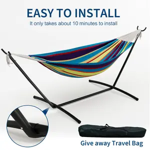 2 Person Freestanding Double Hammock with Space Saving Steel Stand, Ultra-Soft Breathable Cotton Swing for Backyard Lounging and Camping, Portable Design with Travel Bag