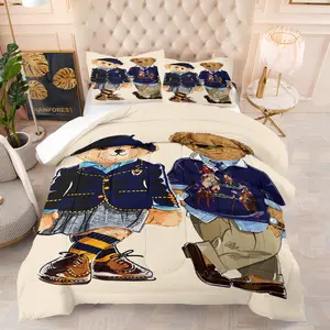 Preppy Style Bear-Printed Comforter Set (1 or 2 Pillowcases) – Soft Bedding Sets, Warm & Comfortable for Better Sleep, Decorative Bedding Set, Eye-Catching Bedroom Decor, High-Quality Cute Gift