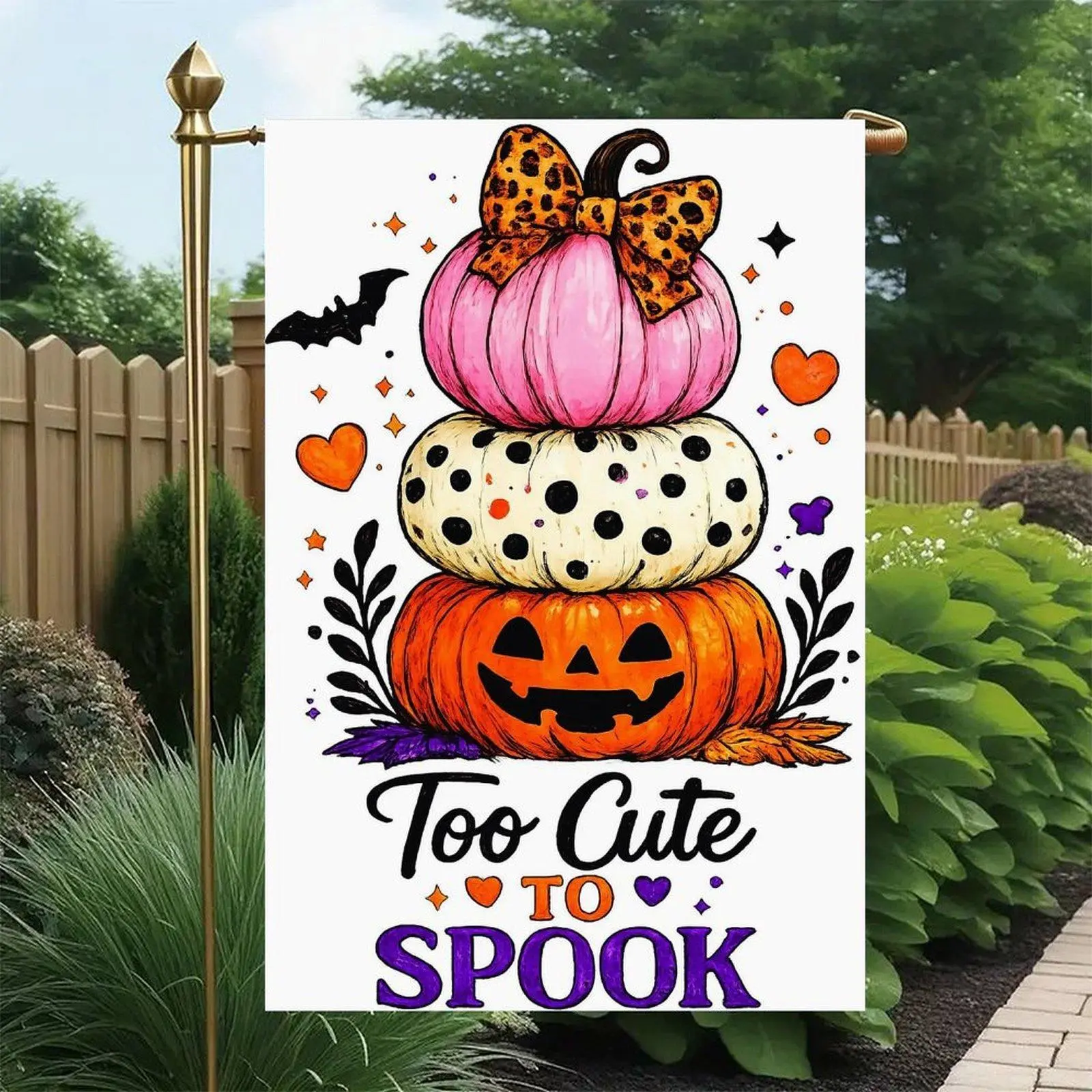 Too Cute To Spook Stacked Pumpkin Halloween Garden Flag, Double Sided Design 12x18in Leopard Bow Jack O Lantern Bat Yard Flag
