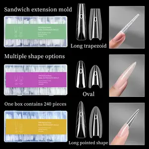 240pcs Nail art sandwich type nail extension mold, Nail extension set, rapid paperless crystal light therapy without mold construction, new reusable design, double-layer transparent mold, thinner process enhances comfort