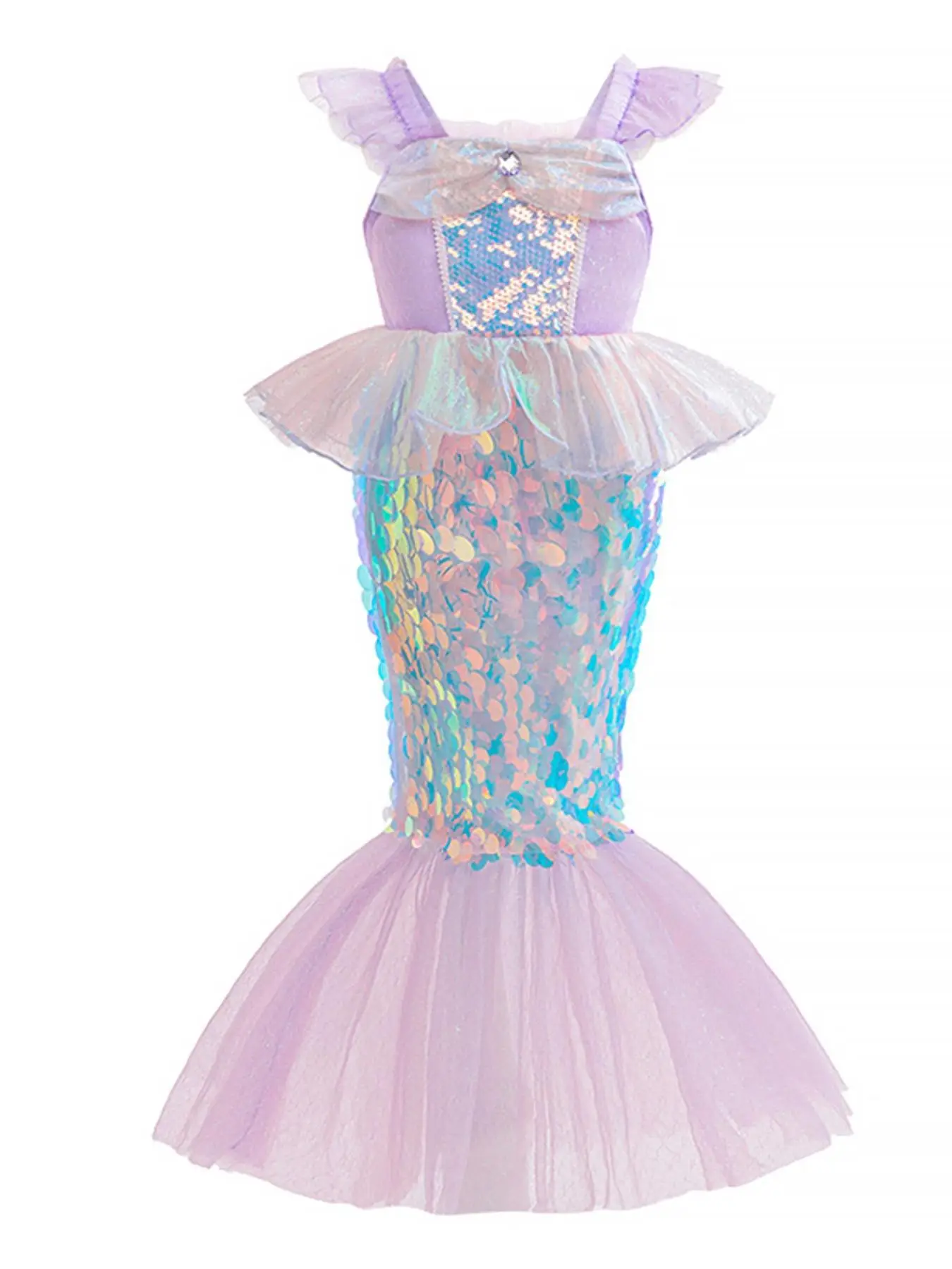 Mermaid Costume for Girls, Contrast Sequin Zipper Back Butterfly Sleeve Tulle Dress, Girls Partywear for Birthday Party