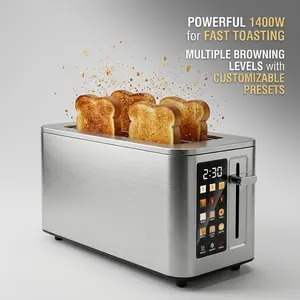4 Slice Digital Touchscreen Toaster, 1400W High Power, 6 Bread Types & 6 Shade Settings, Wide Slots for Even Toasting, Easy-Clean Removable Crumb Tray, Bagel/Reheat/Defrost Functions, Compact Stainless Steel Design, 1400W