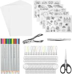 125 PCS Shrink Plastic Sheet Kit, Including 20 pcs Shrink Art Paper, Hole Punch, Pencils, Keychains, Tweezers and Scissors for Crafts and Keychains