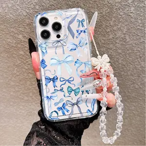 1pc Assorted Blue Bow UV Printed Phone Case, paired with a bow bead wrist strap, suitable for iPhone 17-11 Pro Pro Max Plus, a trendy gift for all occasions