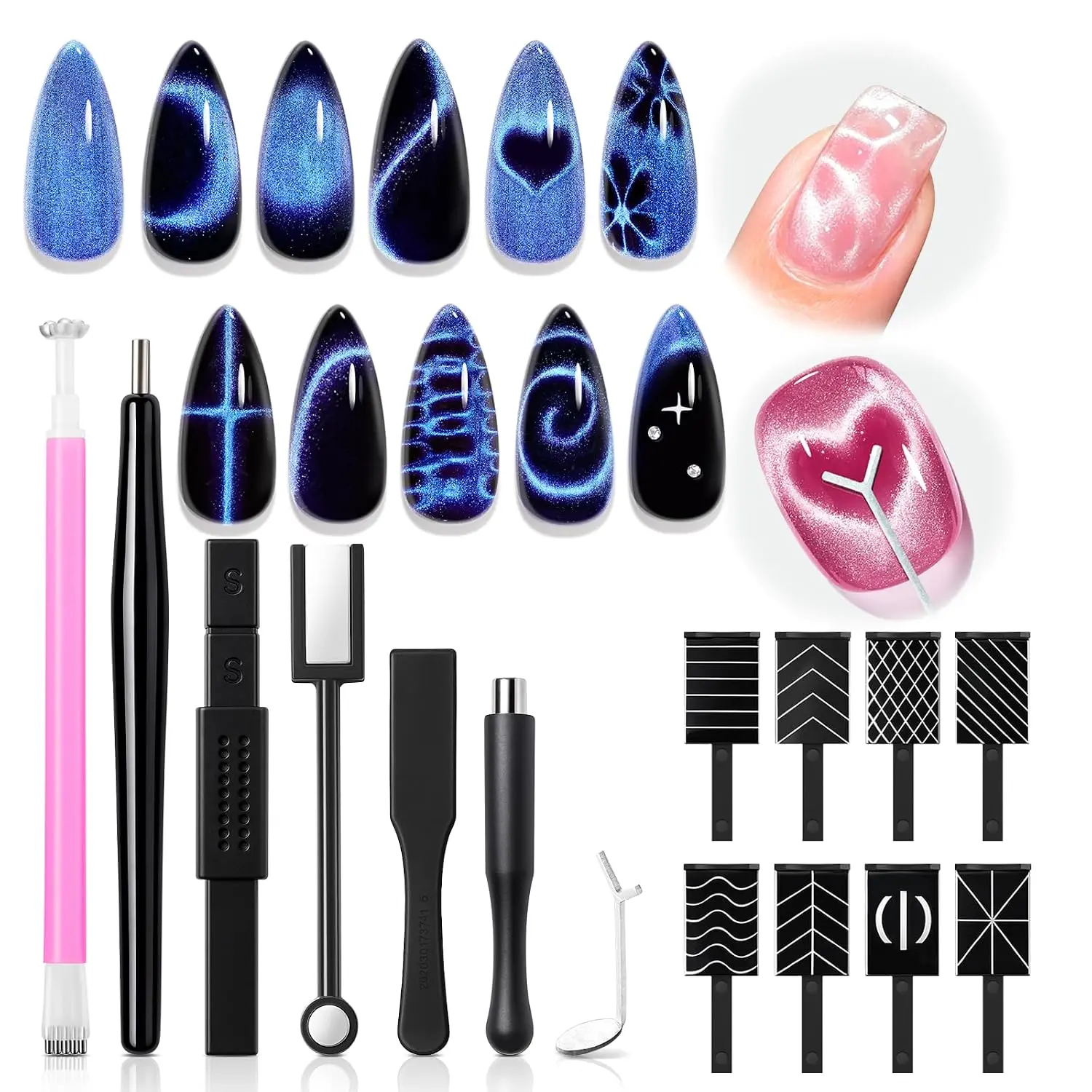 modelones Cat Eye Magnet 15PCS Cateye Fall Gel Polish Nail Stuff | Multi-shape Heart Moon Flower Square Effects with Bead-Attracting Nail Art Tool, UV/LED Lamp Required, DIY Nail Art