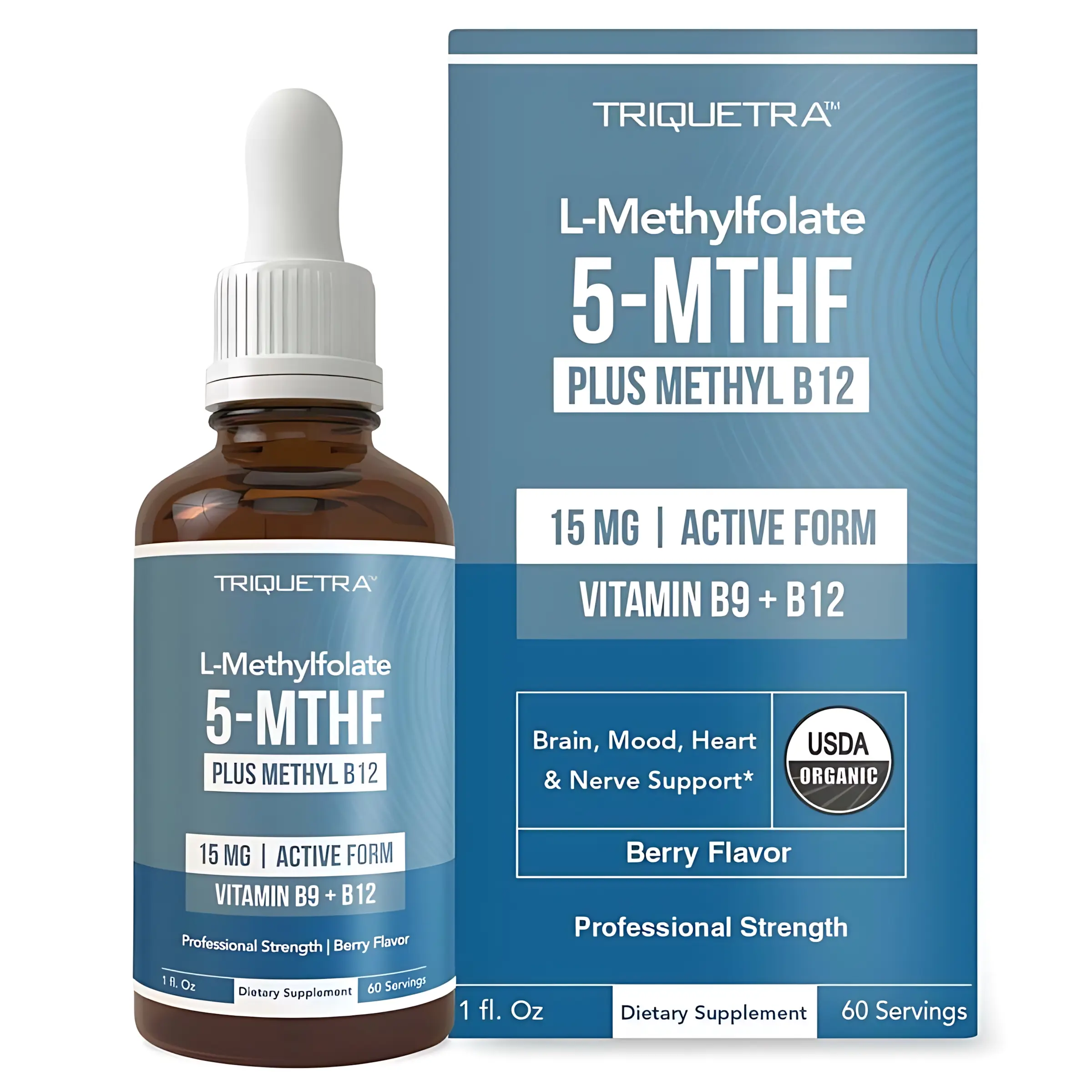 Triquetra Health L Methyl Folate 15mg + B12 Pro Strength Liquid 5-MTHF Form Supports Mood Methylation Cognition Supplement Energy Levels Vitamin Methylcobalamin