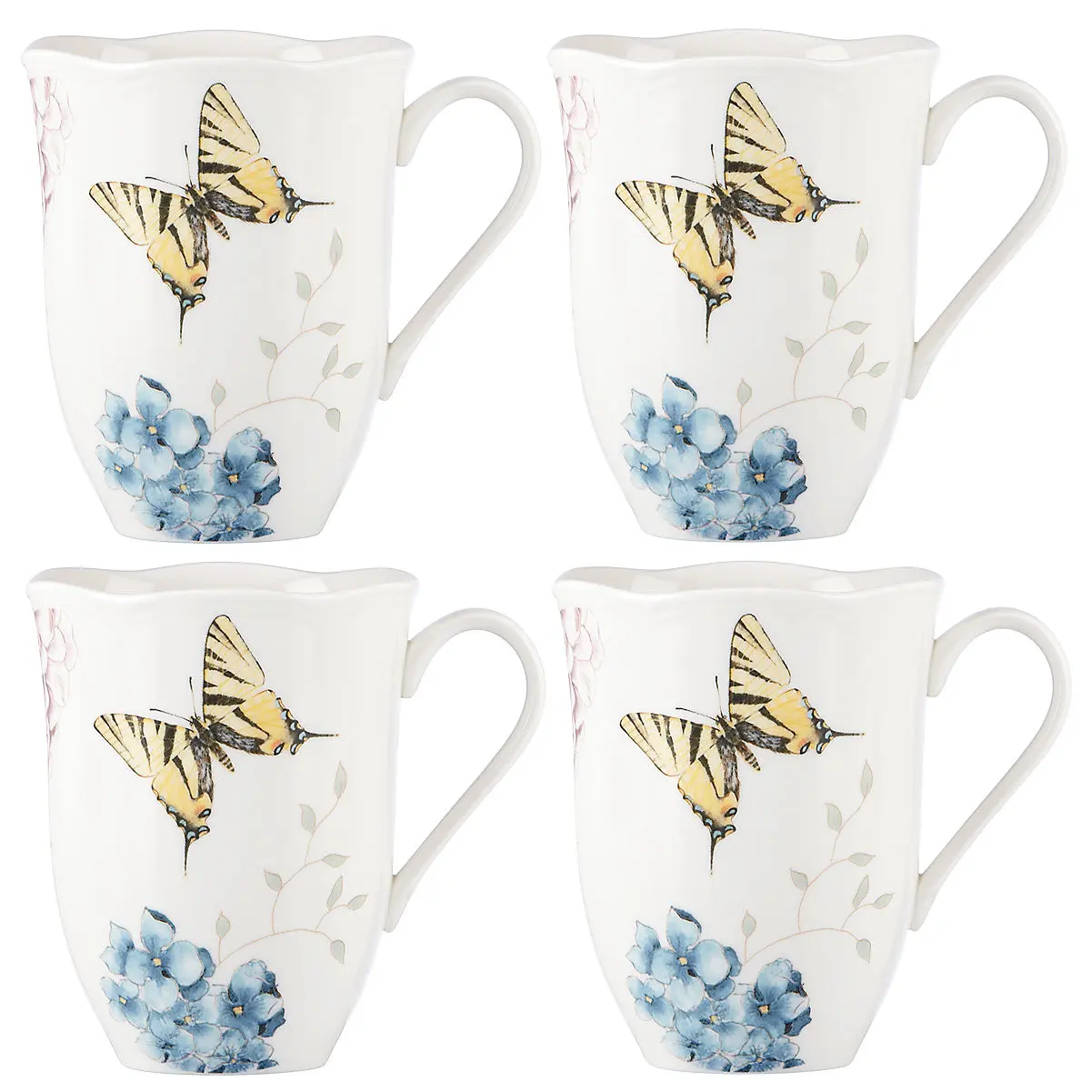 Lenox 869578 Classic Floral Mugs - 12oz Plant-Themed Porcelain Butterfly Meadow Hydrangea 4.37in DW Giftware Drinkware Set of 4, Plants
