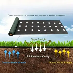 Weed control fabric, specifically designed for vegetable gardening, features a perforated design that allows air to circulate while preventing water from pooling, effectively suppressing weeds while retaining moisture.
