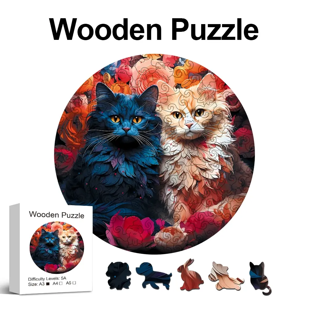 Colorful Cat Wooden Jigsaw Puzzle, Creative Puzzle, Unique Irregular Round Animal Shape, Perfect Gift for Lovers & Friends, Party Game, DIY Leisure, Fun Toy, Home Decor, Wooden Puzzles