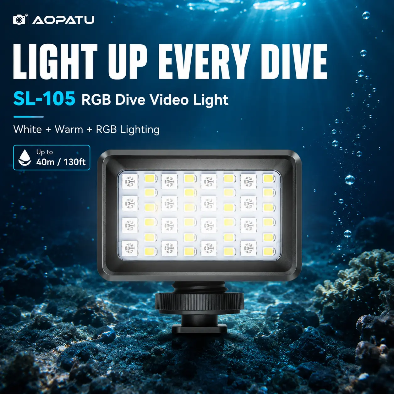 AOPATU RGB Dive Video Light, 40 LEDs, White/Warm + 7 RGB Colors, Up to 40m, Type-C Rechargeable Underwater Camera Light