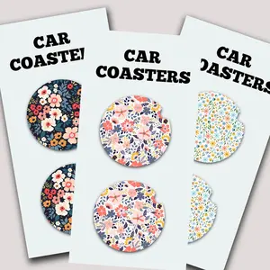Floral Flowers Design Style Cute Car Coasters, Set of 2, Cute Aesthetic Car Coasters