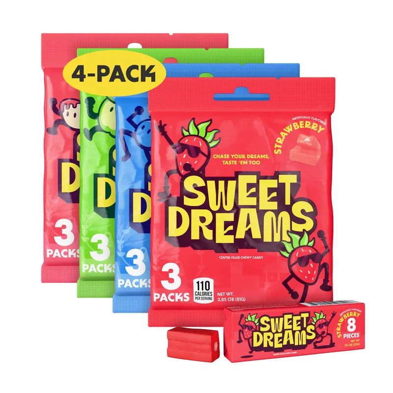 Sweet Dreams Center Filled Soft Chewy Candy Individually Wrapped, Gluten-Free Candies, Bulk Fruit Chews - Variety Pack 3 Sticks Per Bag, 8 Pieces Per Stick