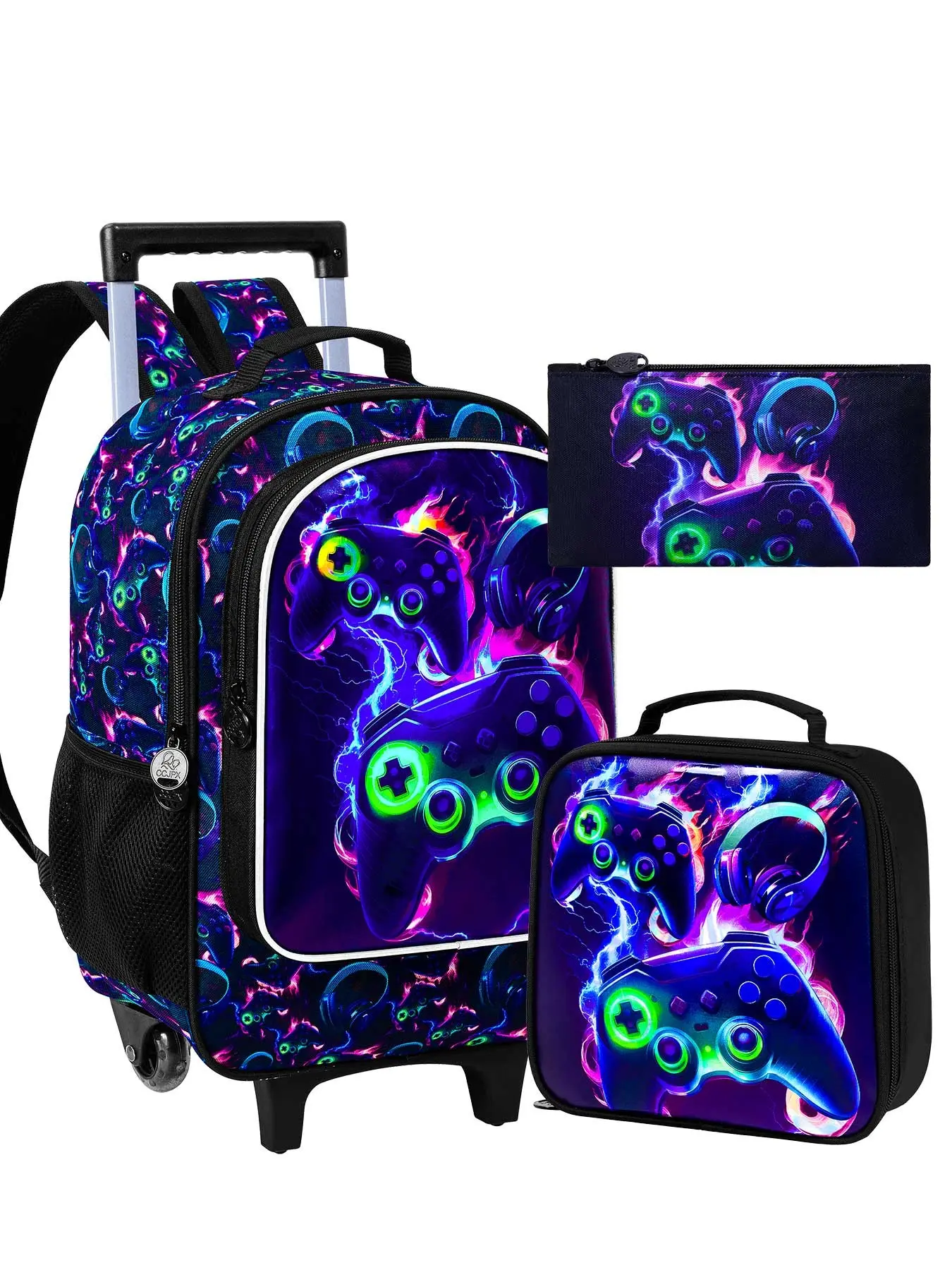 3pcs  Rolling Backpack Set for Boys, Flame Lightning Game Controller Kids Wheeled Backpack with Lunch Box and Pencil Pouch, Cool School Bag for Young Gamers, Geek Bag, School Backpacks