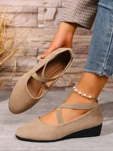 Women's Handmade Slip-On High Heels, Cross Strap Design, Matte Finish, Round Toe, All-Season Wear, Elegant Single Shoes