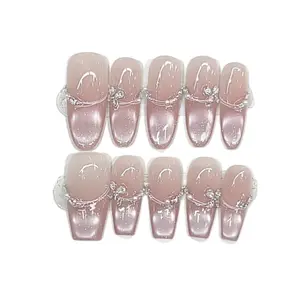 Starry Zircon Pink Gradient Halo False Nails Personalized Versatile Detachable Reusable Press Type Acrylic Nail Patches with Heart Shaped Rhinestone press-on nail collection Plastic Fake Fingers with Acrylic Nails