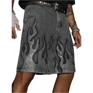 BEAUDRM Men's Rhinestone Baggy Jean Shorts Y2k Jorts Straight Leg Knee Length Denim Shorts Streetwear Concert Outfits
