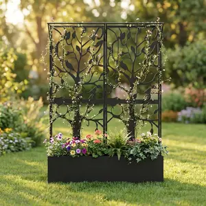 Metal Planter Box with Trellis for Patio, Tall Outdoor Privacy Screen for Climbing Plants, Raised Garden Bed for Vegetables, Balcony, Outside, Tree of Life, 62.4 x 12.2 x 44.6 Inch, Black