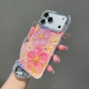 Oil Painting Peach Blossom Phone Case for iPhone 17-14 Pro Max Series, Anti-Drop Shockproof Protective Cover, High-End Creative Design, Accessories, Casing