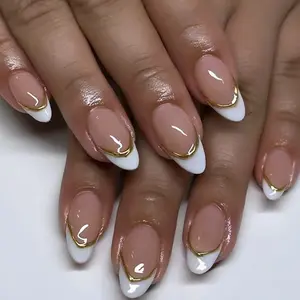 White & Gold French Tip Press-On Nails | Almond Nail Set (24pcs)