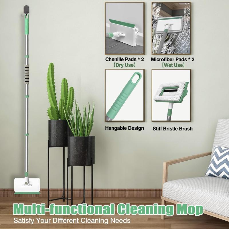 Baseboard Cleaner Tool with Handle, Wall Cleaner Mop with 54.7'' Adjustable Long Handled 1  Brush Mop  and 4  Cleaning Pads for Baseboards Cleaning, Ceiling, Skirting Board