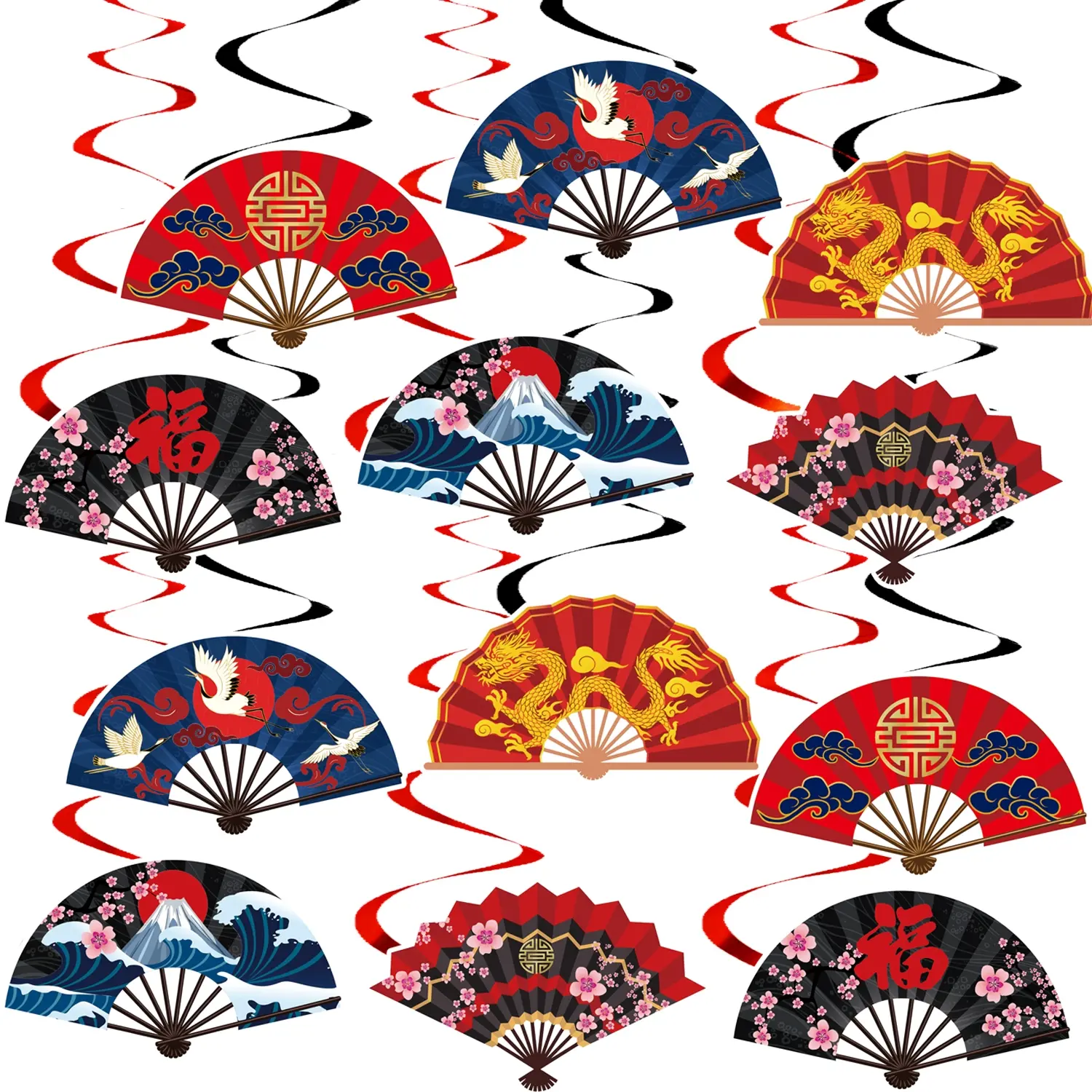 12 PCS Asian Fans Streamers Party Decorations, Hanging Swirl Decorations Hibachi Birthday Party Decorations Asian Baby Shower Wedding Birthday Decor Supplies (6PCS Card+ 6PCS Swirls)