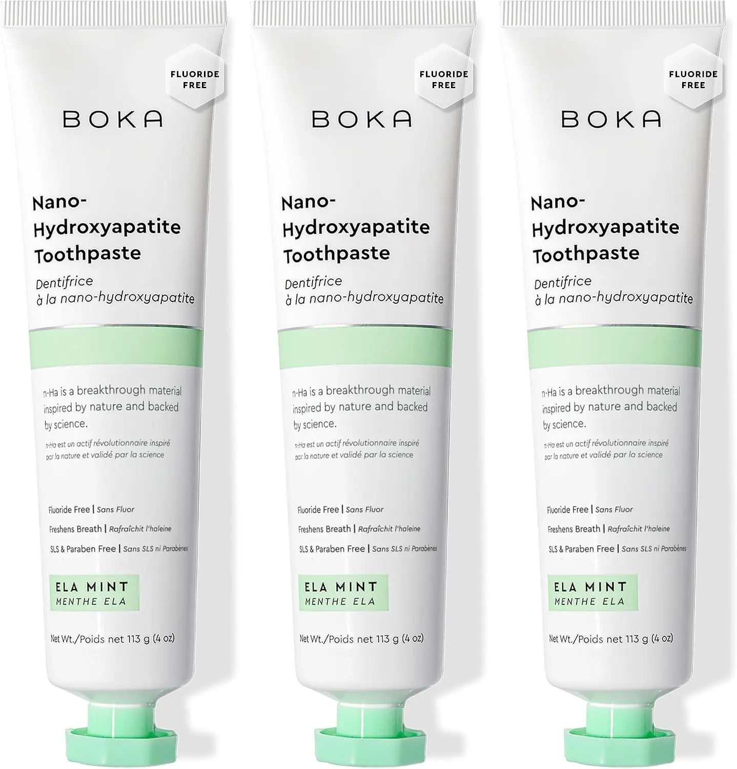 Boka Nano Hydroxyapatite Toothpaste - Fluoride-Free, Sensitive Teeth Friendly, Ela Mint Flavor - Adult Oral Care - 4 Oz, 3PK
