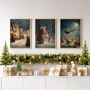 3pcs Vintage Santa Reindeer Sleigh Canvas Art, Wooden Frame Winter Village Scene, Modern Living Room Home Decor, Cozy Holiday Wall Hanging