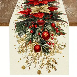 1pc Christmas Floral Table Flag - Red and Cream Poinsettia Holly Leaves Red Decorative Balls with Golden Accents Showcasing Festive Splendor Suitable for High-End Christmas Dinner Holiday Decoration