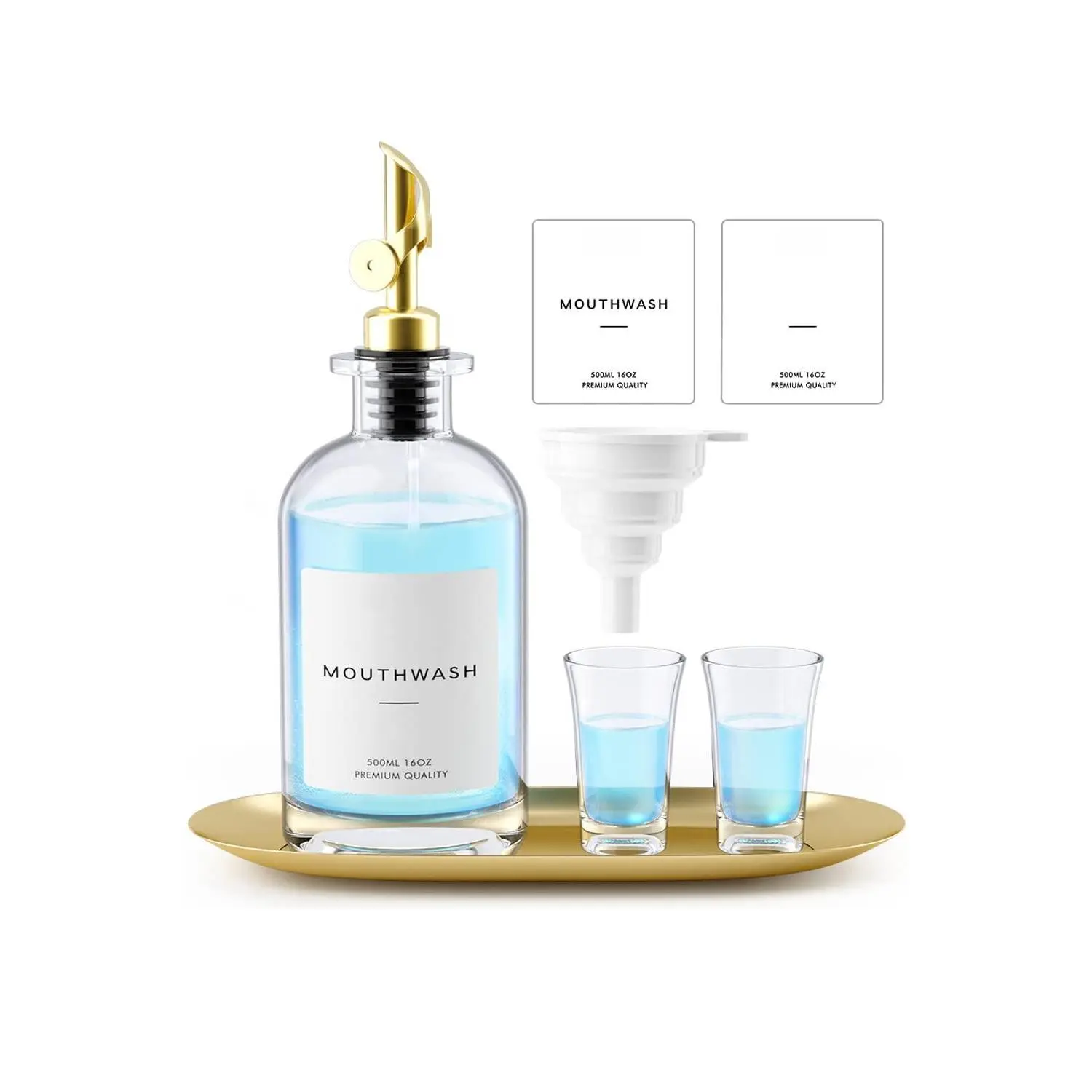Mouthwash Dispenser  16oz Glass Decanter For Bathroom Mouth Wash Container Bottle With Pour Spout Reusable Set Cups And Tray